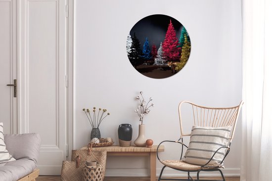 Wandcirkel - Muurcirkel Binnen - Gekleurde dennenbomen in de nacht - ⌀ 60 cm - Wanddecoratie - Ronde Schilderijen