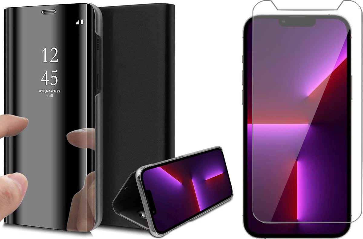 Hoesje geschikt voor iPhone 13 Pro Max en Screenprotector - Spiegel Book Case - Zwart