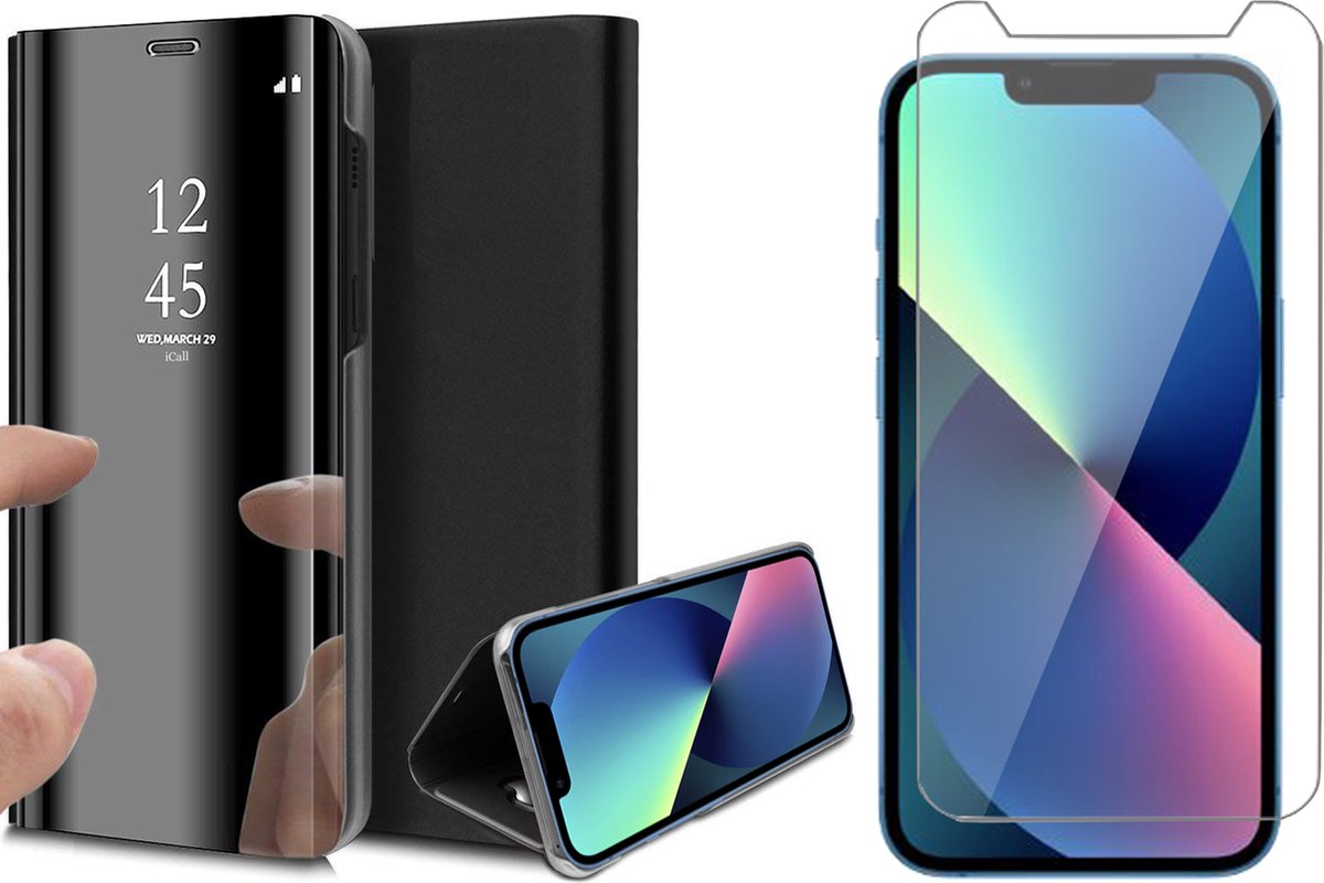 Hoesje geschikt voor iPhone 13 en Screenprotector - Spiegel Book Case - Zwart