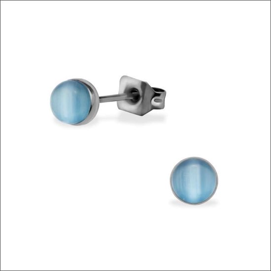 Aramat jewels ® - Zweerknopjes cat eye blauw zilverkleurig chirurgisch staal 5mm