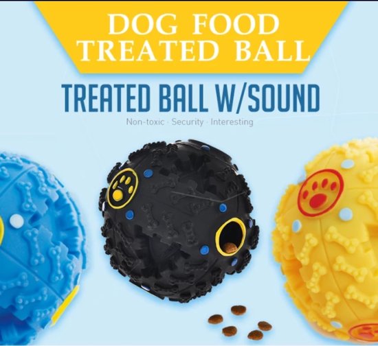 Close-up van drie hondenballen (zwart, blauw, geel) met 'DOG FOOD TREATED BALL' tekst.
