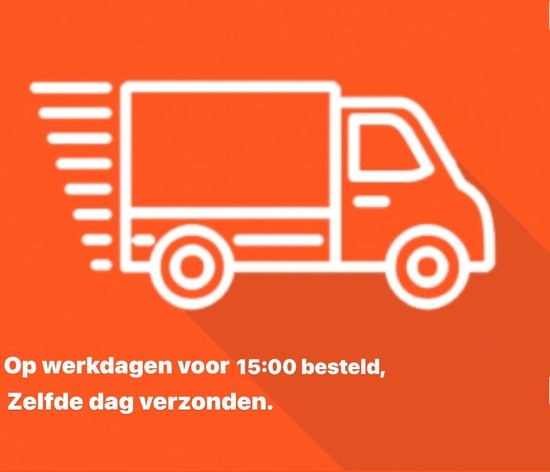 Illustratie van een wit transportbusje op een oranje achtergrond met tekst.