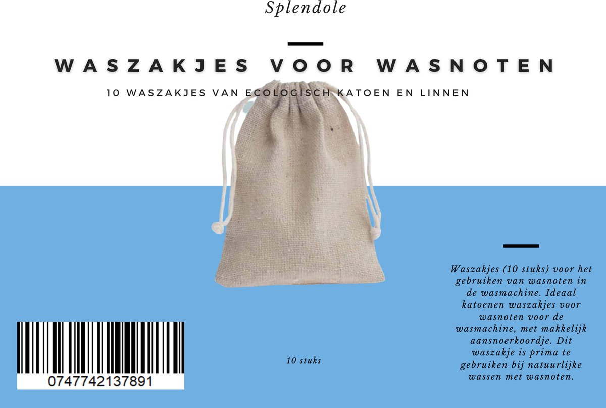 Waszakjes voor Wasnoten en Zeepnoten -10 stuk - Ecologisch Katoen en Linnen- Wasmachine - Met Aansnoerkoord - Splendole