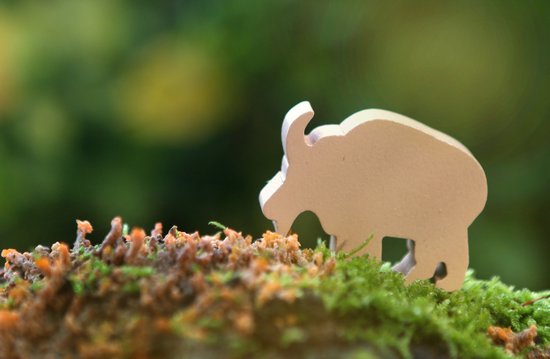 Houten speelfiguur van een bruine bizon op mos, met een zachte groene achtergrond.