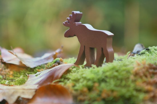 Bruine houten speelfiguur van een eland op mos en bladeren, met een groene achtergrond.