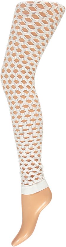 Een halve leg van een model met een witte netpanty met grote openingen.