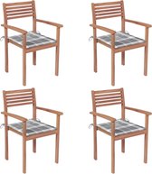 Decoways - Tuinstoelen 4 stuks met grijs geruite kussens massief teakhout