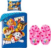 Paw Patrol Dekbedovertrek Team Paw- Eenpersoons- 140 x 200 cm - Katoen- blauw, incl. Paw Patrol huis slofjes mt 23-26