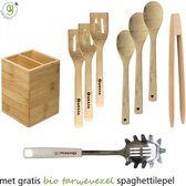 green-goose® Bamboe Set in Houder XL | 3 Spatels | 2 Pollepels | Grijptang | Met Bio-based Pastalepel