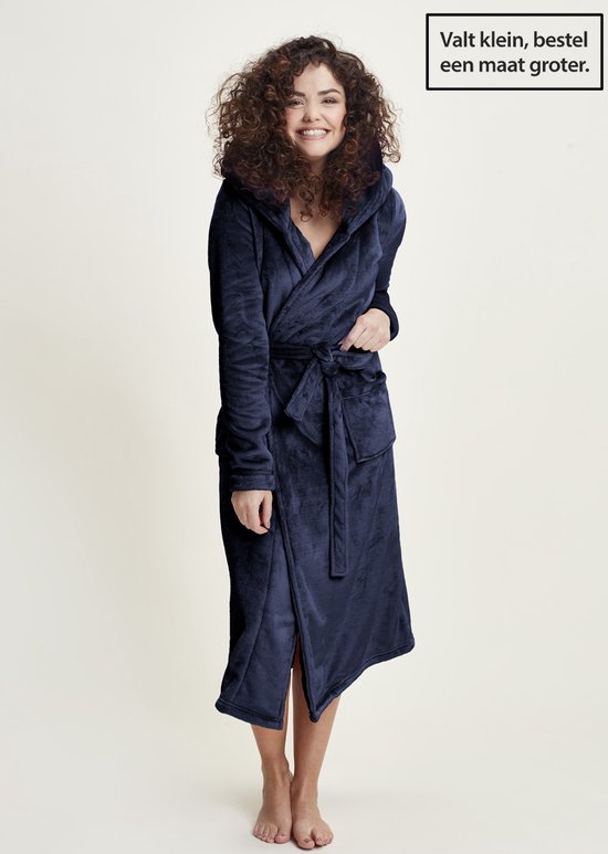 Charlie Choe badjas dames - 100 % zacht fleece - lang model - dames badjas met capuchon - trendy ochtendjas - blauw - maat S