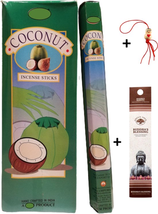 Doos met 120 stokjes - Wierook - Wierookstokjes - Incense sticks - Kokosnoot - Coconut + 5 mini wierookstokjes + Gelukspoppetje