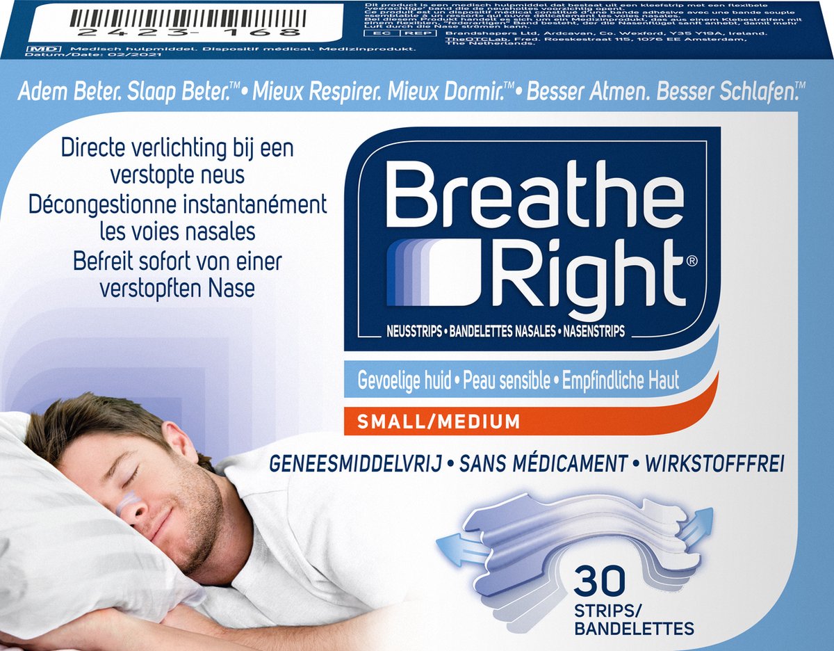 Breathe Right Anti Snurk Neusstrips - Neusspreider - Anti Snurk Neuspleisters - Gevoelige Huid - Small/Medium 30 stuks - Transparant - Goede Nachtrust - Huidvriendelijk - Ideaal bij Verkoudheid en Allergieën - Breathe Right
