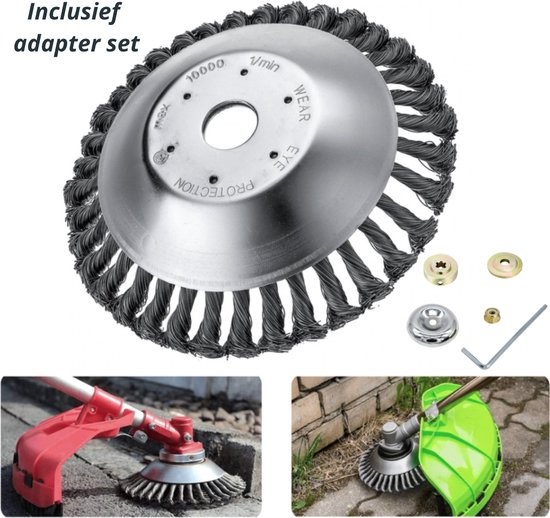 Onkruidborstel met adapterset voor grastrimmer, ook getoond op tegels.