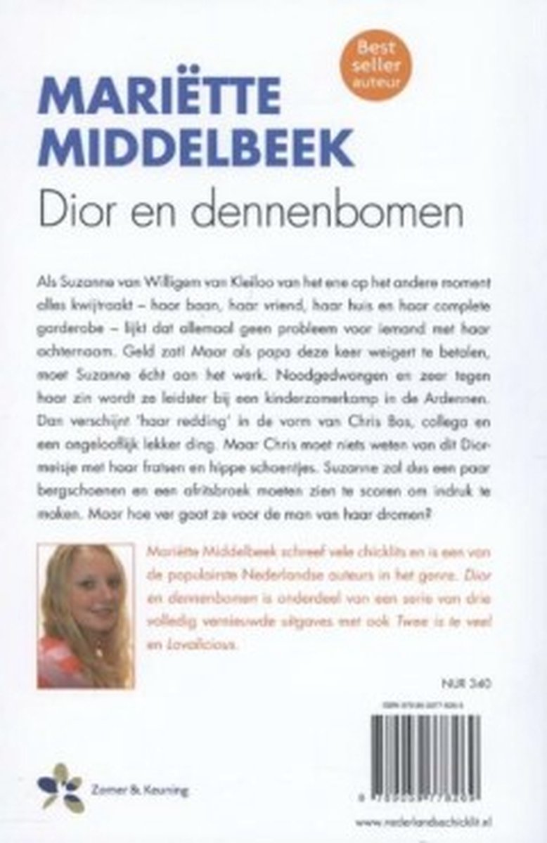 Achterkant boek 'Dior en dennenbomen' met auteursfoto en beschrijving.