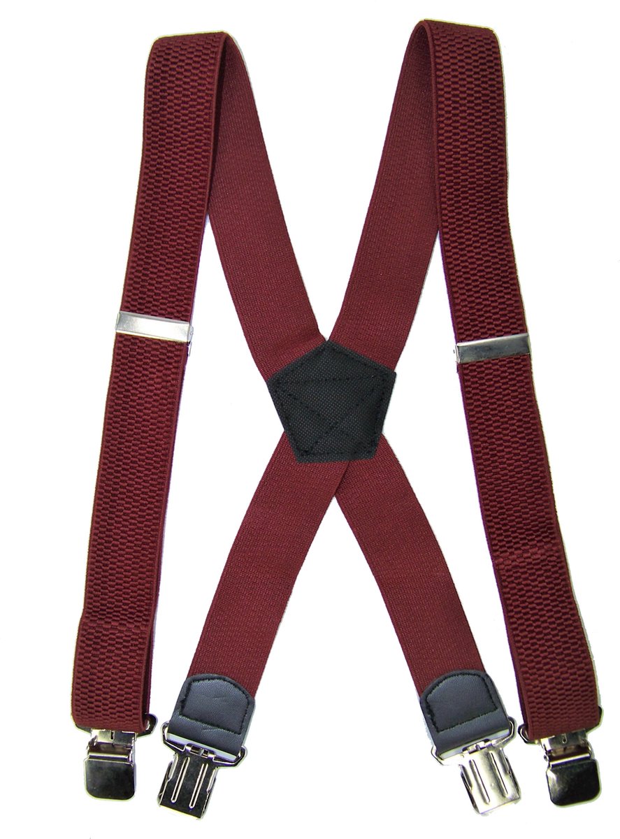 Flores Lederwaren - Heren - Dames Bretels – 4 brede stalen clips bretel - Unisex volwassenen -Motorrijders – Spijkerbroek – Beroepskleding – Skikleding – Kleur: Bordeaux.