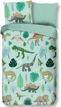 Peuter / junior / jongens (kinder) dekbedovertrek (dekbed hoes) groen met mintgroene en blauwe dino’s (dinosauriërs / dinosaurus)  en bladeren uit de natuur KATOEN 120 x 150 cm (cadeau idee!)