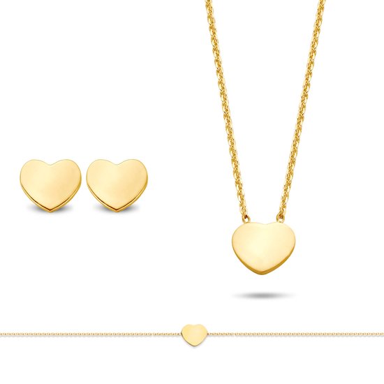 New Bling 9NB-SET032 Set de Bijoux en Argent - Femme - Collier avec Cœur - 38 + 5 cm - Bracelet avec Cœur - 16,5 + 3 cm - Clous d' Clips d'oreilles Hartjes - 6,6 x 7,6 mm - Argent - Plaqué Or Or sur Argent)