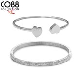 CO88 Collection 8CO-SET100 Stalen Sieraden Set - Dames - 2 Armbanden - Bangles - Kristal - Hartjes - One size (58 x 49 x 4 mm) - Staal - Zilverkleurig