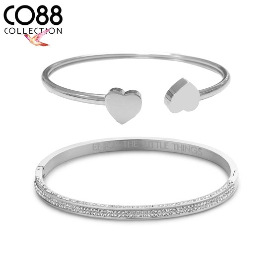 CO88 Collection 8CO-SET100 Stalen Sieraden Set - Dames - 2 Armbanden - Bangles - Kristal - Hartjes - One size (58 x 49 x 4 mm) - Staal - Zilverkleurig