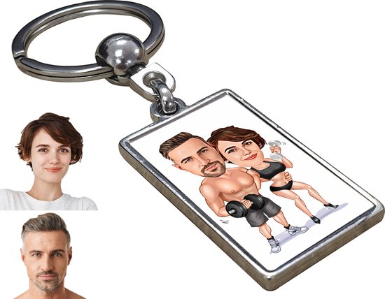 Fitness Karikatuur Man & Vrouw- Gepersonaliseerde Karikatuur Sleutelhanger met Jouw Foto - Cadeau - Verjaardag - Kerst - Kado - Valentijn - Gepersonaliseerd Cadeau