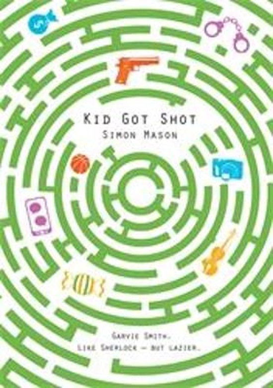 Boekcover van "Kid Got Shot" met een groene labyrint en iconen: handboeien, pistool, basketbal, tablet, snoep, viool en een geldteken.