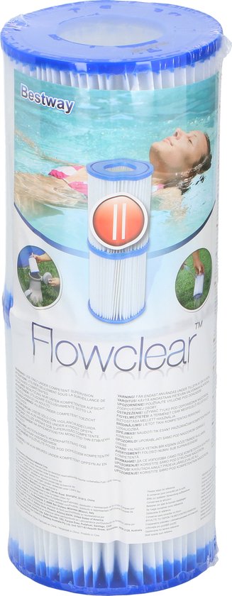 Verpakking van Bestway Flowclear zwembadfilter, type II, met afbeelding van zwemmend meisje.