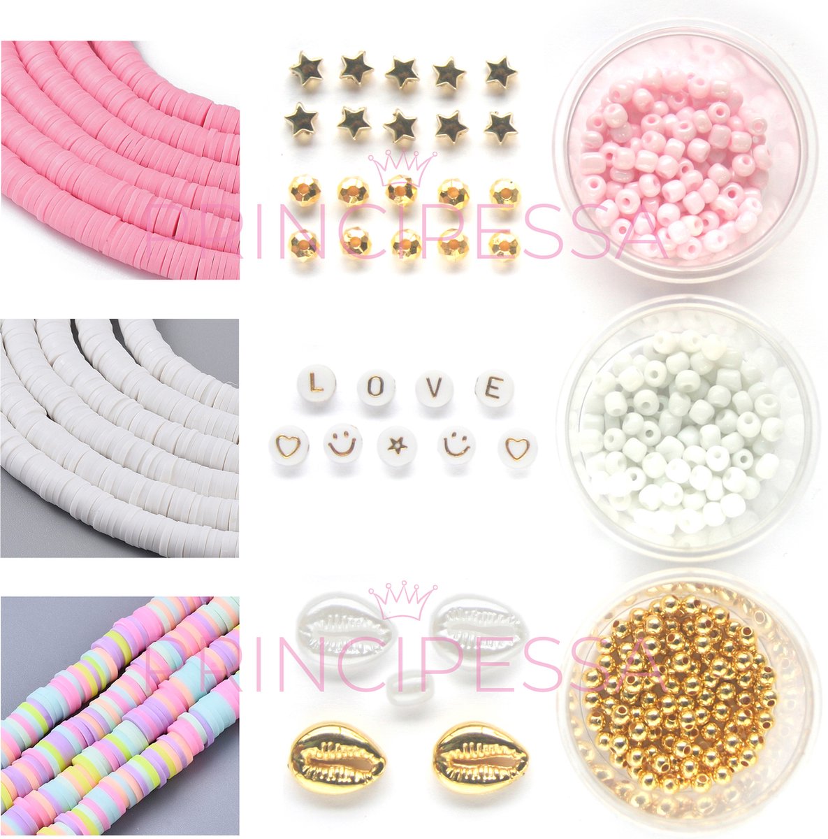 Principessa Katsuki kralenpakket voor armbanden – Pastel-mix, Roze en Wit – 4 mm Rocailles Roze en wit – Gouden kraaltjes – Kauri schelpen – DIY — afbeelding 2