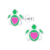Joy|S - Zilveren schildpad oorbellen - 10 mm - groen met roze hartje