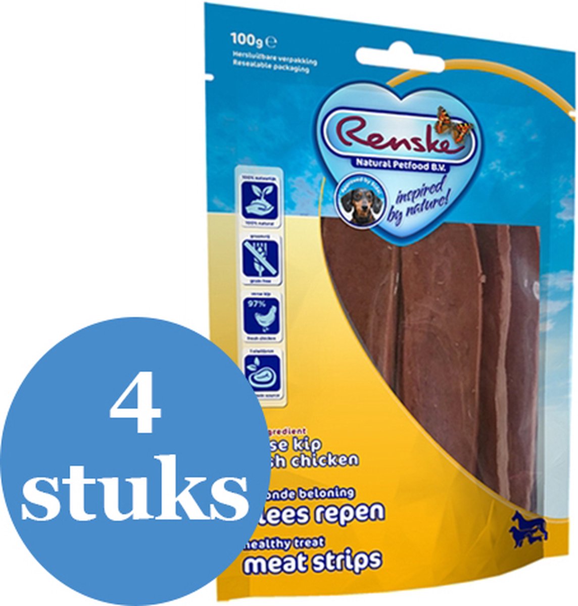 Renske Gezonde Beloning Vlees Strip Kip Hondensnack - 4 x 100 g