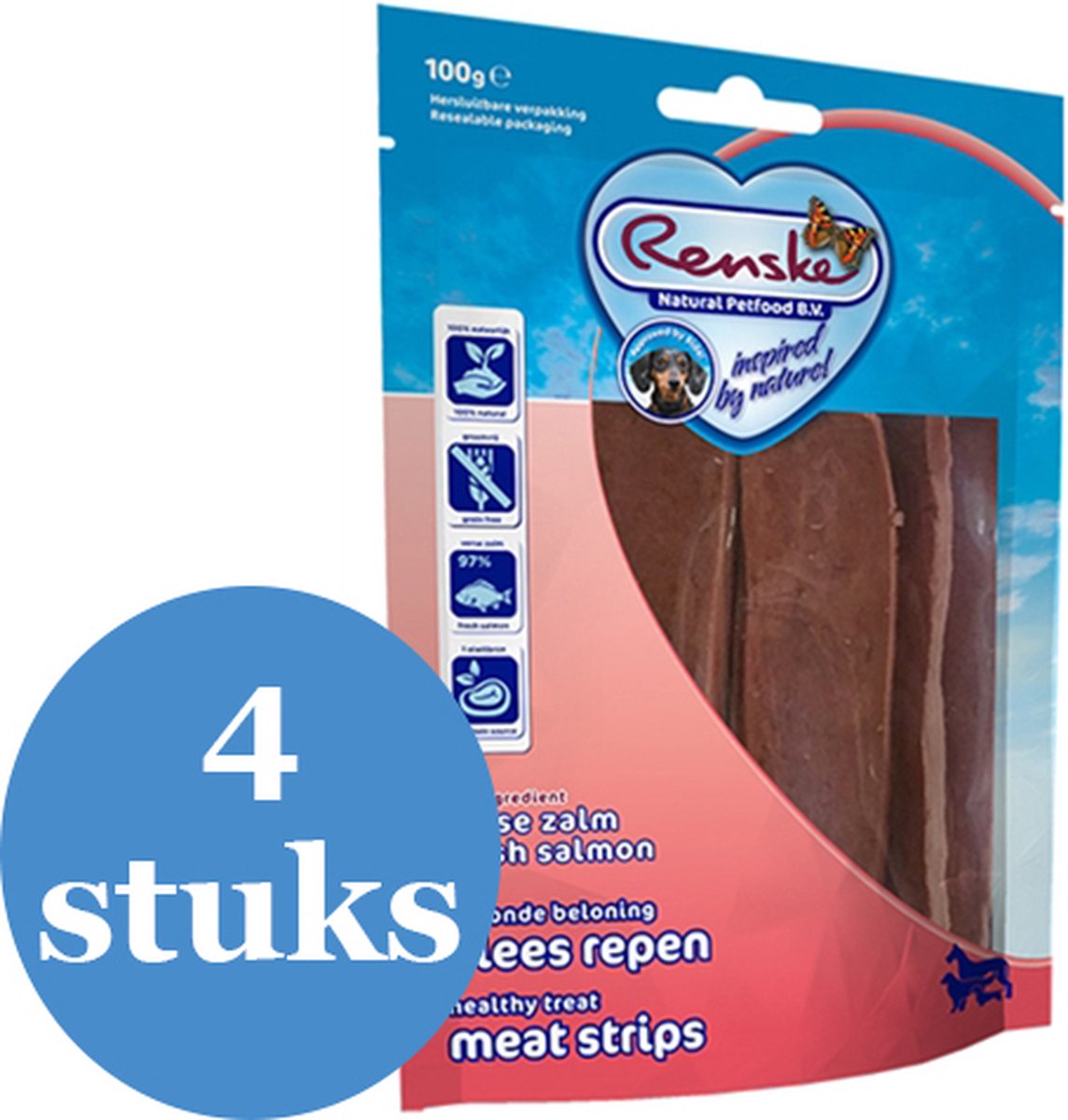 Renske Gezonde Beloning Vlees Strip Zalm Hondensnack - 4 x 100 g