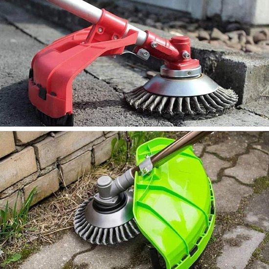Grastrimmer met metaalborstel op betontegels. Rode en groene beschermkap.