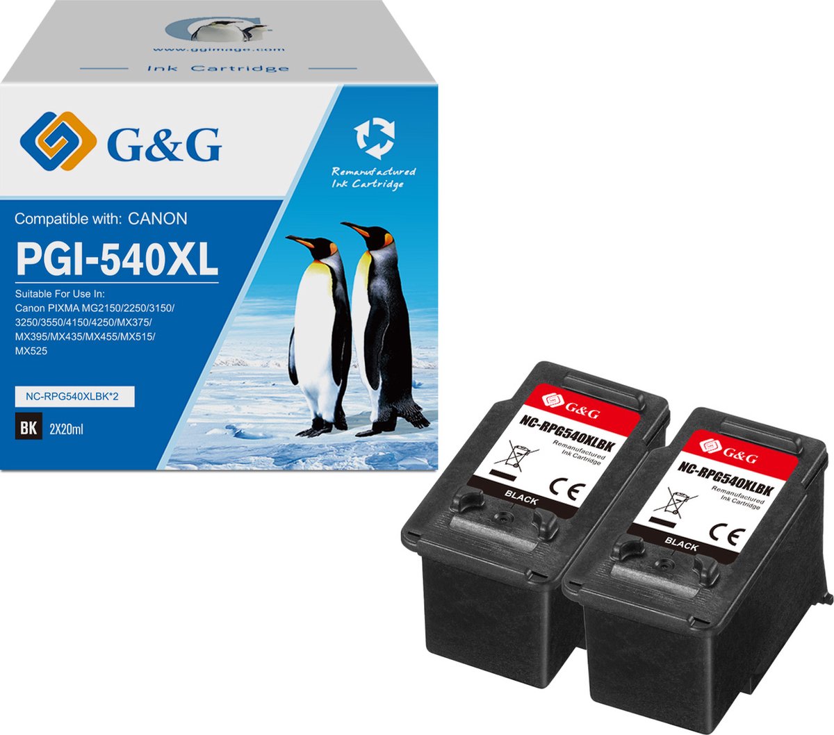 G&G 540XL inktcartridges compatibel met Canon PG-540XL Hoge Capaciteit / 2-pack Zwart