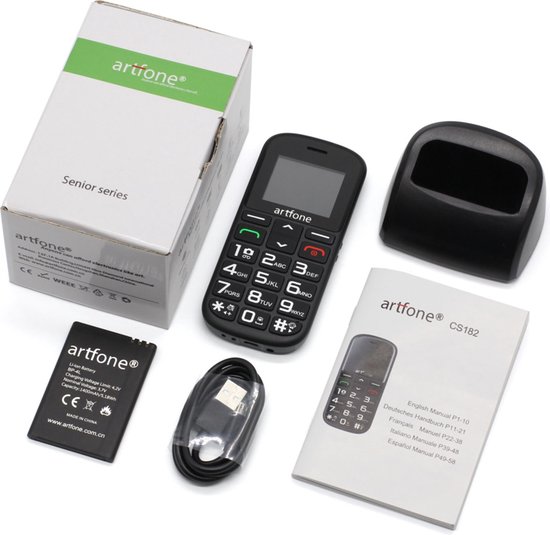 Artfone CS182 Mobiele telefoon voor senioren met grote toetsen, laadstation, SOS-functie, 1,77 inch display, dual sim, snelle oproep, zaklamp, luide radio, lange batterijduur