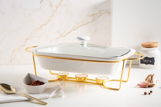 Foto: Altom chafing dish en warmhoudbak van keramiek 1 7l goud wit geschikt voor waxinelichtjes