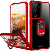 Samsung S21 Ultra hoesje - Premium Shock Proof hoesje transparant Rood randen backcover case met kickstand - Samsung Galaxy S21 Ultra hoesje met Ring houder / Ring vinger houder /