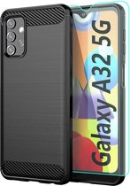 Coque Samsung A32 Zwart Brossé - Fibre Optique Silicone Galaxy A32 5G - Coque TPU Couleur Silicone Brossé - Lot de 2 Protecteurs d'écran Galaxy A32