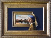 Vermeer kunst in het klein - Meisje met de Parel voor Gezicht op Delft - Droste effect - ingelijst 20x15cm - blauw