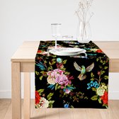 De Groen Home Bedrukt Velvet Tafelloper - Bloemen met Vogels - Runner 45x135 - Tafel decoratie