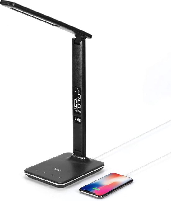 WILIT Led-bureaulamp met USB-oplaadaansluiting, wekkerfunctie , kalender, temperatuurweergave, dimbare tafellamp, 3 kleuren en 5 helderheidsniveaus