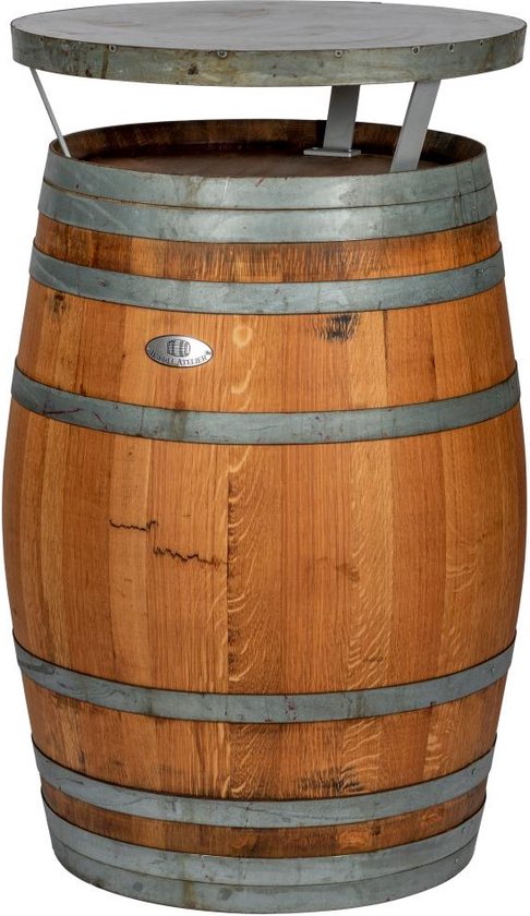 Bartafel Wijn 225l. "Rioja DeLuxe" stalen blad, geborsteld, geschuurd, donker geolied / Statafel / Eikenhout / Wijnvat