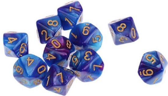 Thumbnail van een extra afbeelding van het spel 10-Kantige Dobbelsteen (SET van 10 STUKS) - D10 - Paars Blauw met Gouden Cijfers - Hoge Kwaliteit - 10 Zijdige Dobbelsteen - Stipco