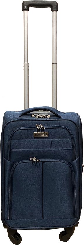 Donkerblauwe handbagage koffer met uitschuifbare handgreep, wielen en voorvakken.