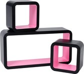 furnibella - RG9248rs wandrek Cube plank set van 3 kubusrekken hangrek, zwart-roze