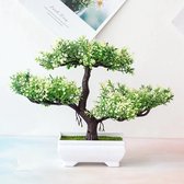 BaykaDecor - Unieke Kunst Bonsai Sakura Boom - Kunstplant met Pot - Japanse Kunstbloem Woondecoratie - Cadeau - Groen Wit - 25 cm
