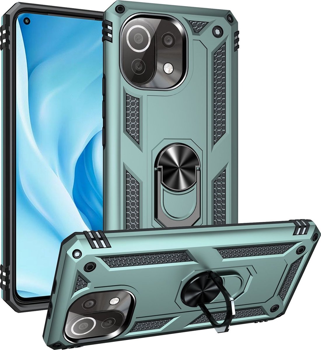 Mobigear Hoesje geschikt voor Xiaomi Mi 11 Lite Telefoonhoesje Hardcase | Mobigear Armor Ring Backcover Shockproof met Ringhouder | Schokbestendig Mi 11 Lite Telefoonhoesje | Anti Shock Proof - Groen