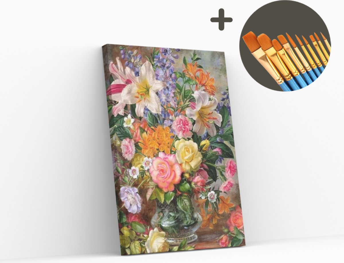 Schilderen op nummer - Bonte Bloemen in vaas - 40x50cm - Inclusief 10 Premium penselen