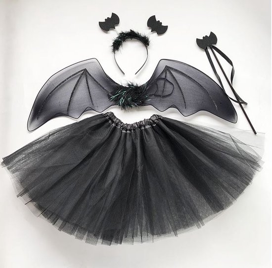 Costume Ailes De Chauve-souris Halloween Fille - Avec Sac à Bonbons, Masque Yeux Et Tatouages Lumineux