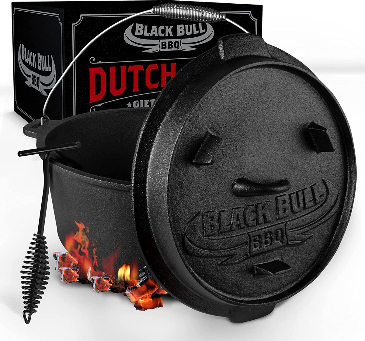 Black Bull BBQ Dutch oven set [7L] - Ingebrande vuurpot van gietijzer met voeten & deksel - Met spiraalgreep voor optimale houvast - incl. deksellifter