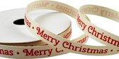 Kerst Lint 10mm (1cm) | Katoen Lint | Keperband Kerstlint | Merry Christmas Rood | Naturel Crème | Cadeaulint | Stoffen lint | Rol: 10 Meter