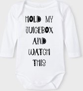 Baby Rompertje met tekst 'Hold my juicebox and watch this' |Lange mouw l | wit zwart | maat 50/56 | cadeau | Kraamcadeau | Kraamkado